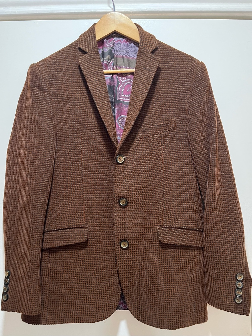 ETRO Milano Mens Size 48 Brown Sport Coat Blazer Houndstooth Checker Wool Blend